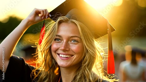 Young woman in graduation cap smiling.