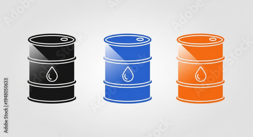 Oil Barrels in Black, Blue, and Orange with Drop Symbol.