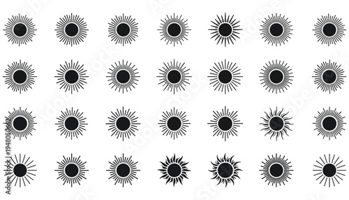 Collection of black sunburst icons with rays in various shapes arranged in grid, vintage sunshine symbol set isolated on white background for retro design