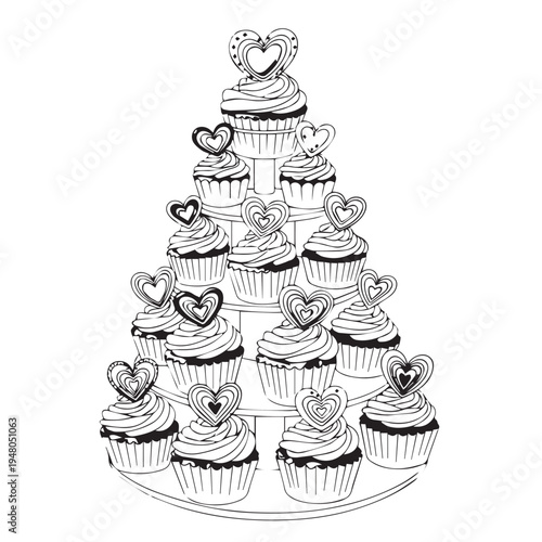 Towering pyramid of cupcakes adorned with heart toppers in a detailed sketch.