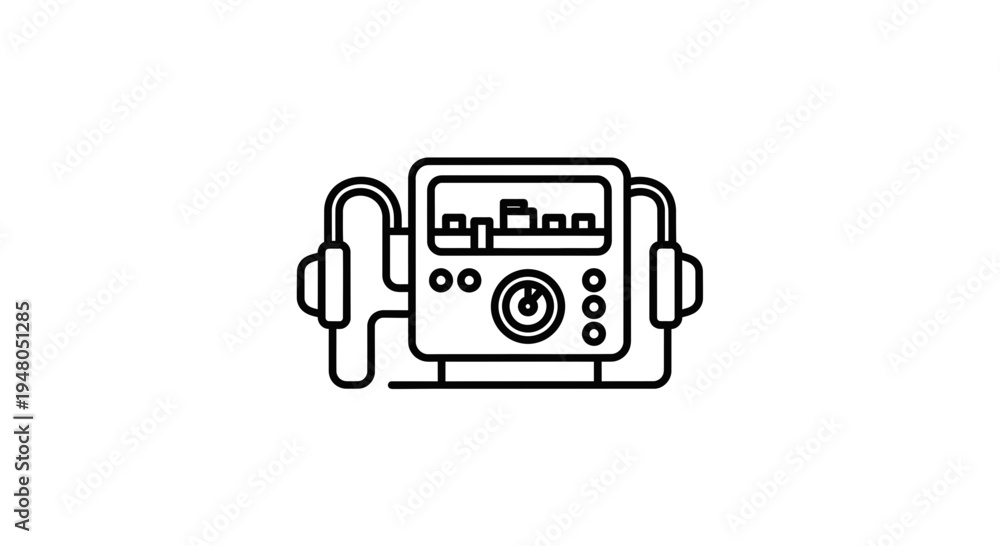 Fototapeta premium Retro portable music player with headphones icon, vintage audio equipment line art