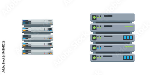 Flat vector data server stack icon, minimal rectangles with indicator lights, modern tech style, white background