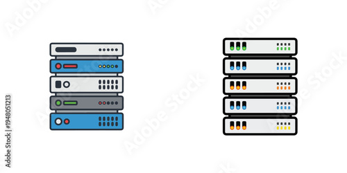 Flat vector data server stack icon, minimal rectangles with indicator lights, modern tech style, white background
