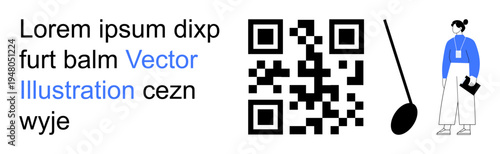 Technology, digital communication, QR code systems, modern business, information sharing, connectivity. QR code with text and a businessperson holding documents. Technology and digital communication