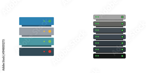 Flat vector data server stack icon, minimal rectangles with indicator lights, modern tech style, white background