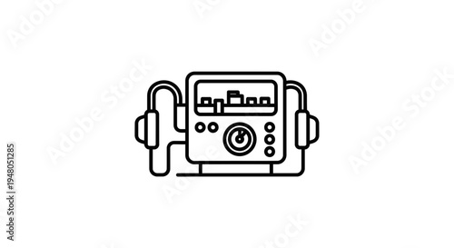 Retro portable music player with headphones icon, vintage audio equipment line art