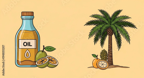 Illustration of Palm Oil and Palm Tree with Fruits.