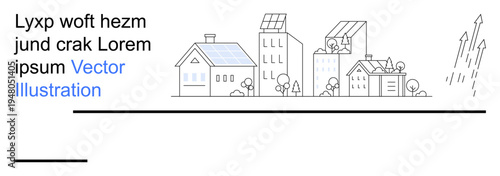 Sustainable living, renewable energy, environmental conservation, solar power, urban planning, eco-friendly architecture. Minimalist cityscape with solar panels and upward growth arrows. Sustainable