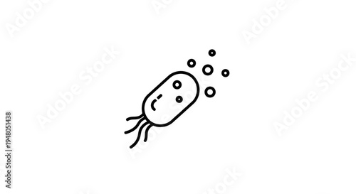Simple Line Icon of a Bacterium with Flagella and Bubbles