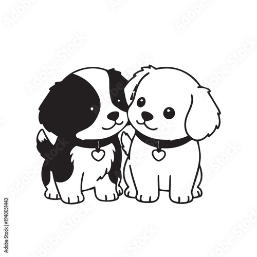 Two adorable cartoon puppies with heart collars sit close together, expressing friendship and affection.