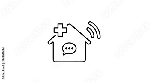 Smart Home Health Care Icon: Medical House with Wi-Fi and Chat Symbol