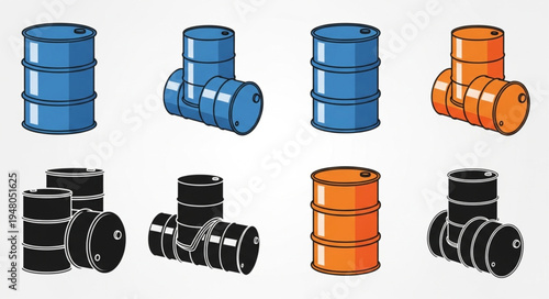 Collection of Colorful Oil Drums - Blue, Orange, and Black Barrels.