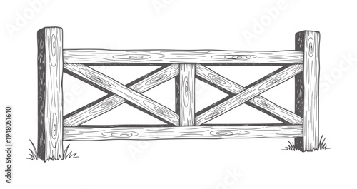 Rustic wooden fence with cross bracing and grass detail gate country