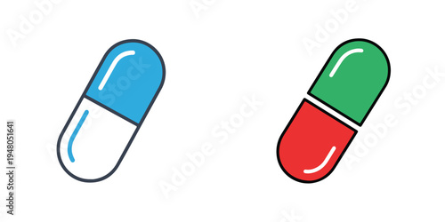 Flat vector medicine pill capsule icon  simple two-color capsule  minimal healthcare style  white background.