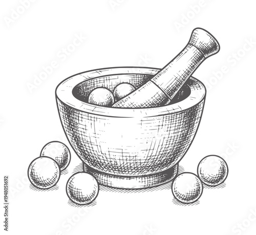 Vintage mortar and pestle with spherical ingredients bowl spheres