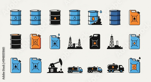 Oil and Gas Industry Icons - Barrels, Cans, Rigs, and Trucks.