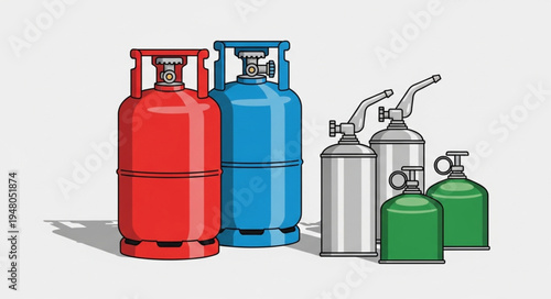 Diverse Gas Cylinders - Red, Blue, Silver, and Green Fuel Storage.