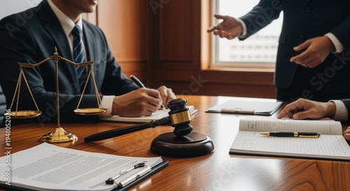 Two professionals in suits meet in a modern office. A golden scales of justice and wooden gavel sit on the desk with legal documents, capturing a law firm consultation scene.