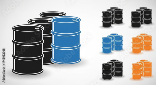 Oil Drums Illustration - Black, Blue, and Orange Barrels.
