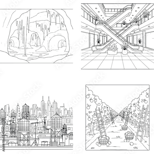 Desert oasis camp with tents, palm trees and water, black and white, oasis life