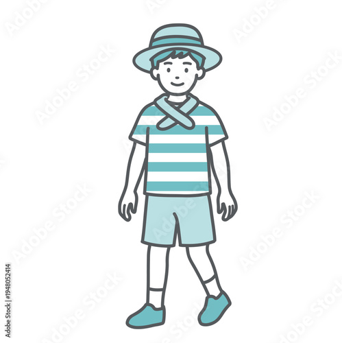 帽子とネッククーラーで熱中症対策をする男の子のイラスト