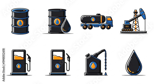Oil Industry Icons - Barrels, Truck, Pump Jack, Gas Pumps, Can, and Drop.