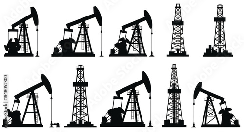Oil Industry Silhouettes - Pumpjacks and Drilling Rigs in Black and White.