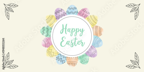Watercolor vector easter egg frame with happy easter text in center. Decorative spring holiday greeting card design element with colorful painted patterns and minimalist botanical leaf corner.