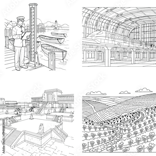Forest path with trees and dappled sunlight with black and white
