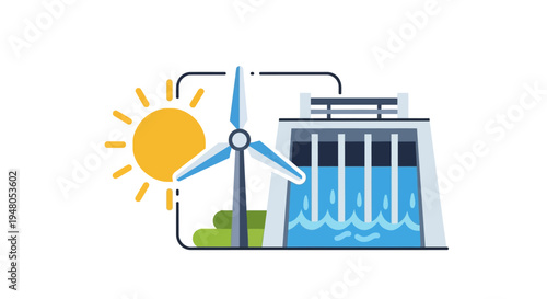 Wind Turbine and Hydroelectric Dam Illustration.