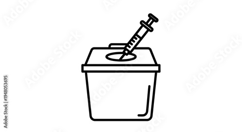 Medical waste disposal: Syringe in sharps container, healthcare safety icon