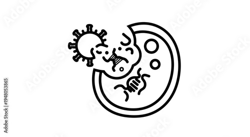 Microscopic view of virus, DNA, and cell in petri dish, science research concept