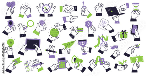 Hands illustrations. Vector concepts of hands in different activities. Creative illustrations for graphic and web design, marketing, business presentation, social media