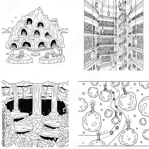 Drawn cave dwelling village in rock formation with trees and bushes