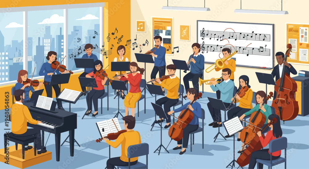 Fotografie Diverse Orchestra Practice Session in Bright Classroom with City View