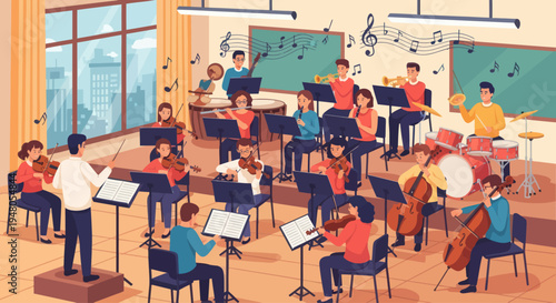School Orchestra Practice: Students Playing Instruments in Music Class