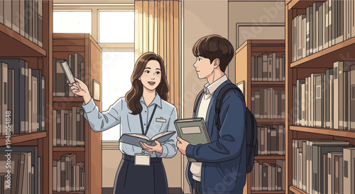 Student and librarian in library looking at books, learning, and education