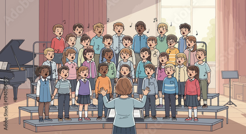 Children's Choir Singing Together on Stage with Piano and Music Stand