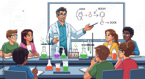 Chemistry Teacher Explains Molecular Formulas to Diverse Students in Classroom