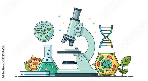 Microscope, DNA helix, cell, and flask in scientific research illustration