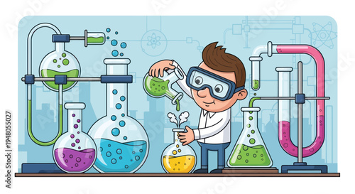 Young scientist pouring liquid in a colorful chemistry lab with beakers and tubes