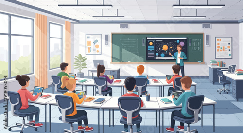 Diverse Students Learning Astronomy in Modern Classroom with Interactive Smartboard