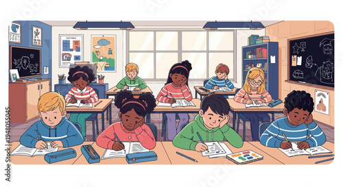 Diverse Children Learning and Drawing in Classroom