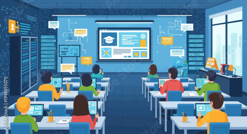 Online Education Classroom: Students Learning with Laptops and Digital Screen