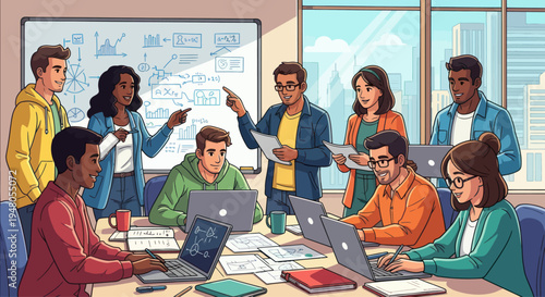 Diverse team collaborating on a project, brainstorming ideas at a modern office meeting