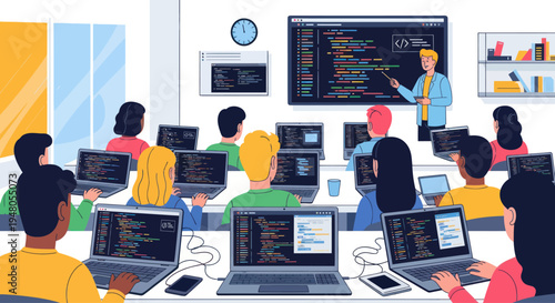 Coding Class: Teacher Instructs Students on Programming with Laptops