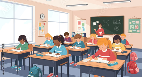 Children learning in classroom with teacher at blackboard, diverse students taking a test or lesson