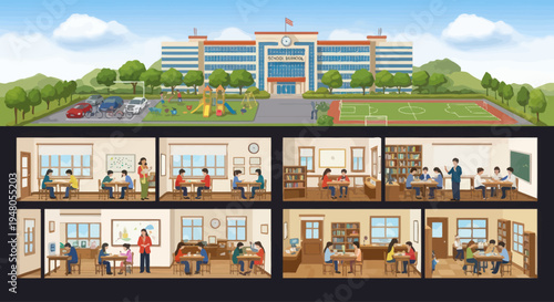 School Building Cross Section: Exterior View & Interior Classrooms, Library, Cafeteria