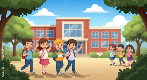 Happy diverse cartoon kids walking to school building with backpacks, waving hello