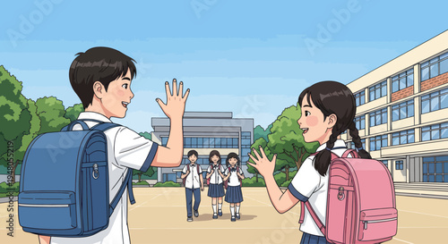 School Kids Waving Hello at School Entrance with Backpacks